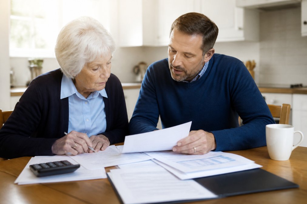 Older adult and adult child sitting together at a kitchen table reviewing documents and discussing care funding options with warm natural lighting