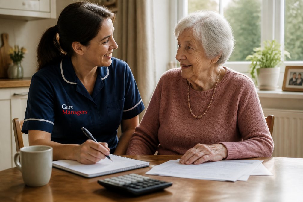 Professional carer assisting an older person with daily activities in a comfortable home setting with natural morning light