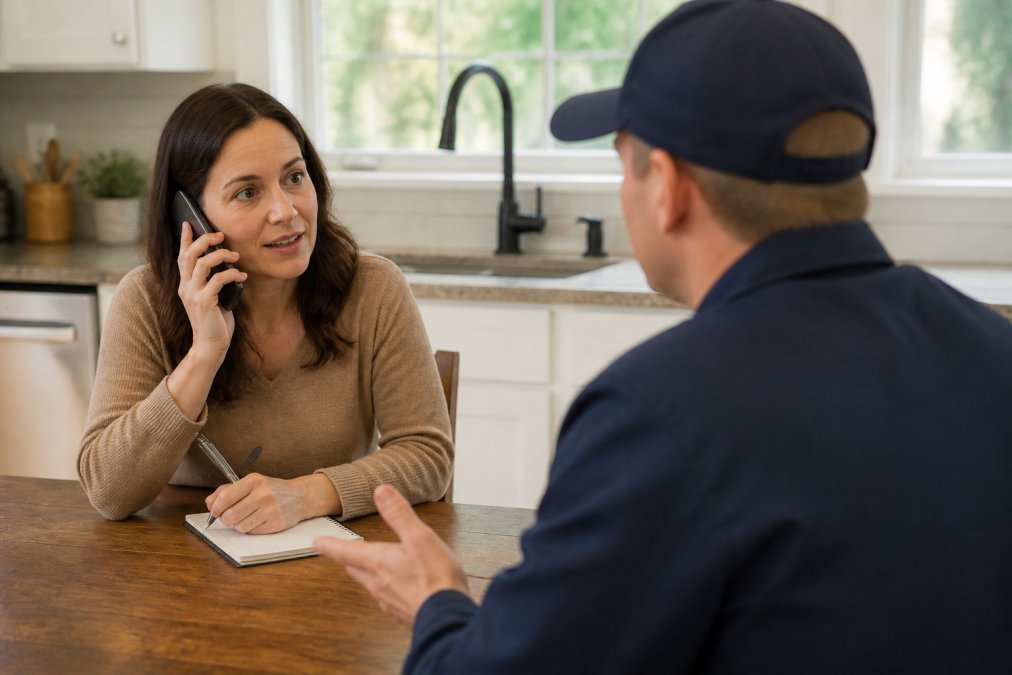 Homeowner sitting at kitchen table with notepad and pen, phone in hand, taking notes during conversation with plumber about service call costs, natural daylight from window illuminating the space with visible kitchen sink and faucet in background