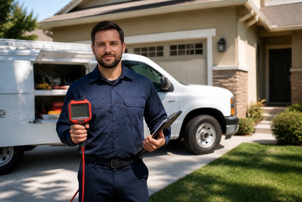 Licensed plumber in uniform holding professional diagnostic equipment and clipboard, standing in front of residential home with white service truck visible in driveway, morning sunlight creating clear shadows