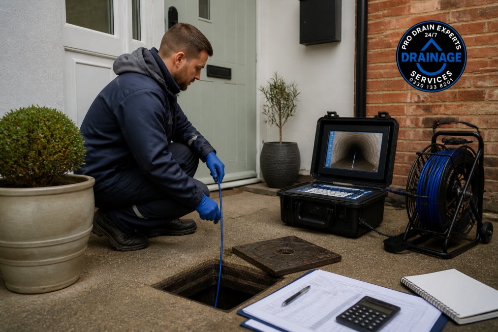 Drainage engineer operating CCTV camera equipment at a property access point, with monitor displaying pipe interior inspection footage and detailed drain layout
