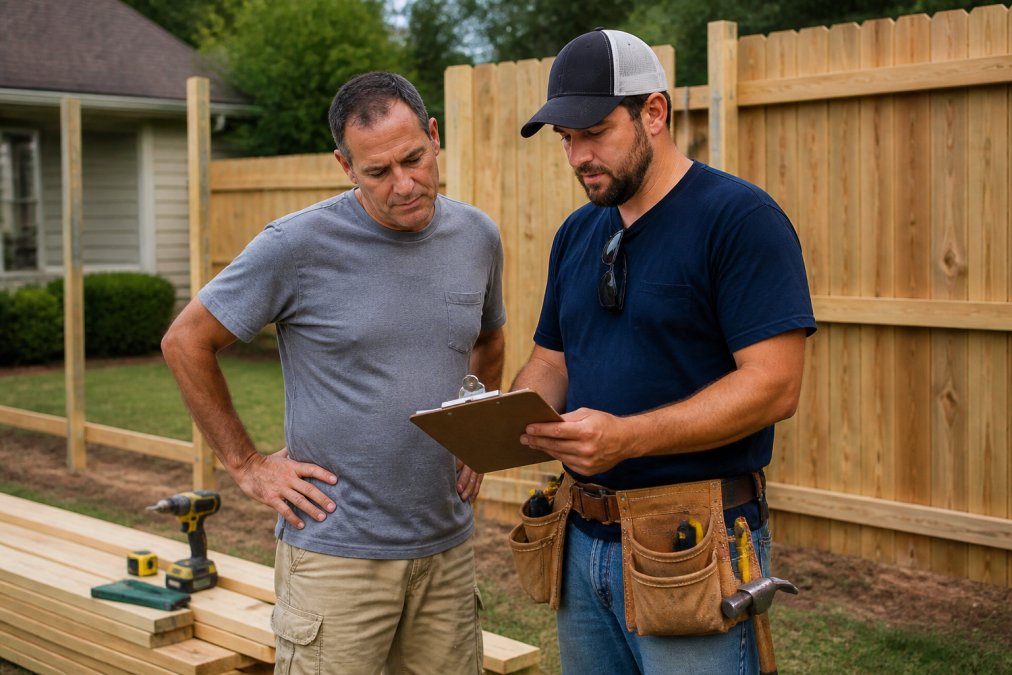 Homeowner and contractor reviewing a privacy fence installation quote in a backyard with a wood fence.