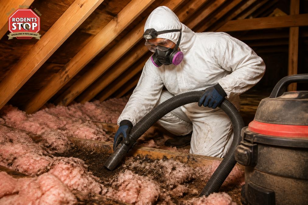 A technician in full protective gear including respirator, goggles, and white Tyvek suit using a HEPA vacuum inside a dim residential attic with damaged and soiled pink fiberglass insulation visible around the rafters