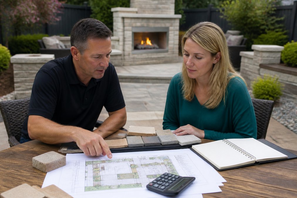 Professional landscape contractor and homeowner reviewing detailed backyard renovation plans and material samples at a construction site, with visible hardscape elements like stone pavers and retaining walls in the background