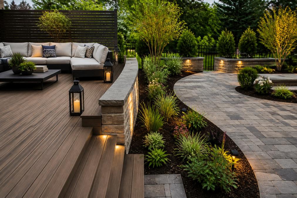 Finished luxury backyard featuring composite decking with lounge seating, stone pavers forming a patio area, retaining walls with integrated landscape lighting, and lush planting beds with mulch installation visible throughout