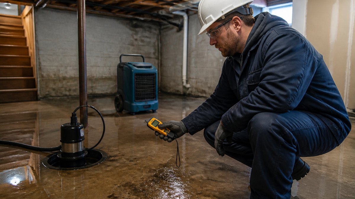 A restoration technician in protective gear and a hard hat inspecting a flooded residential basement, moisture meter in hand, with a sump pump and dehumidifier visible in the background