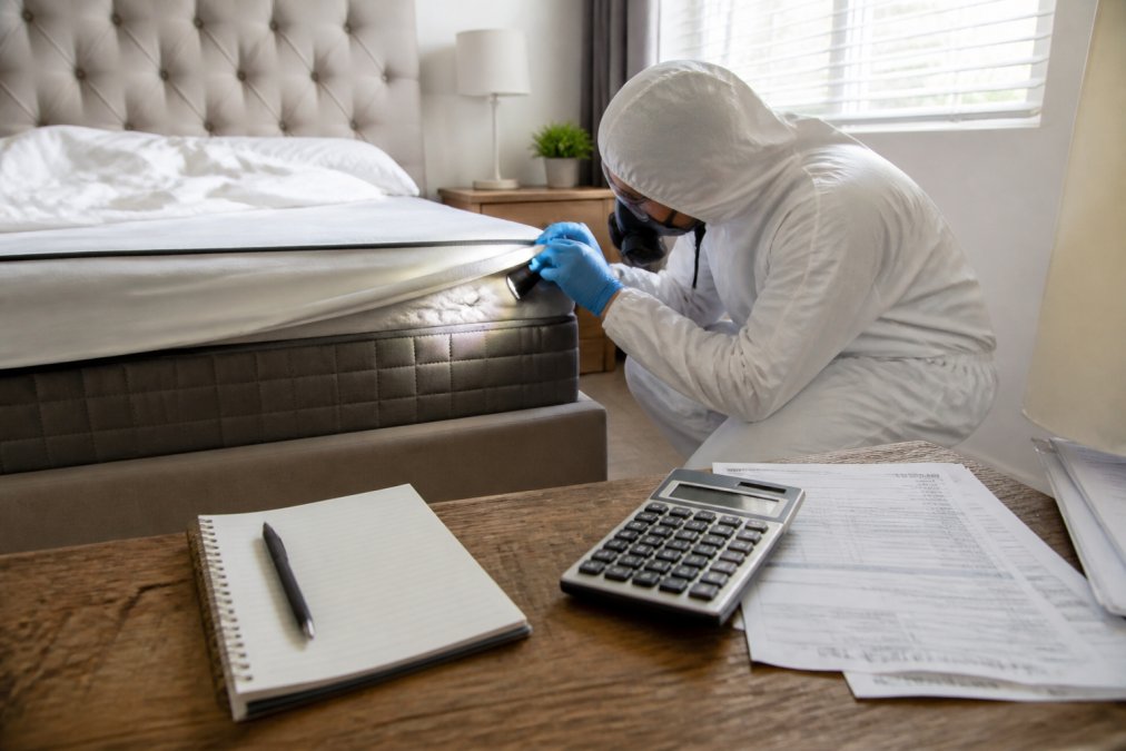 A professional pest control technician in protective gear inspecting the corner of a mattress and box spring in a bright, modern bedroom