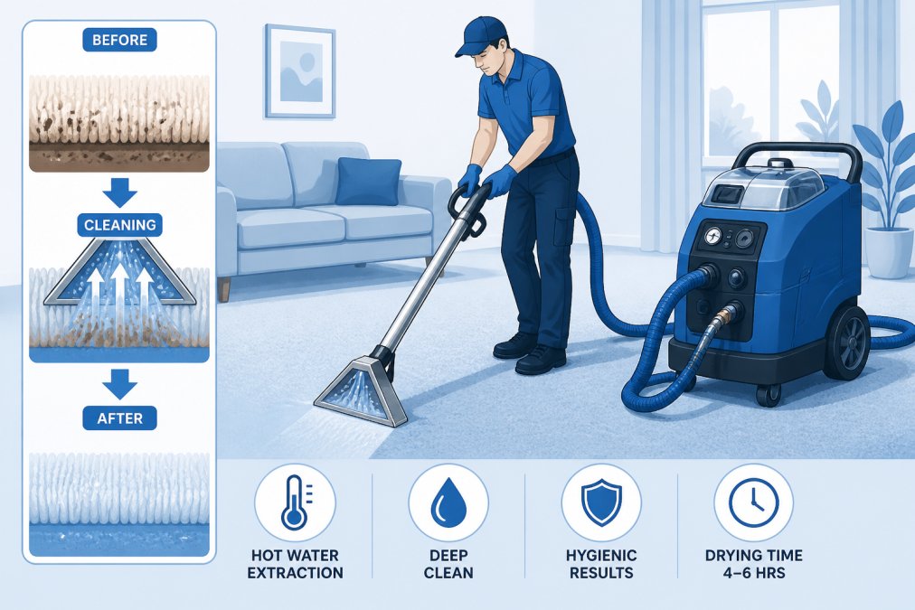 Professional carpet cleaner using hot water extraction equipment with cleaning wand on residential carpet, showing industrial machinery and pressurized water spray