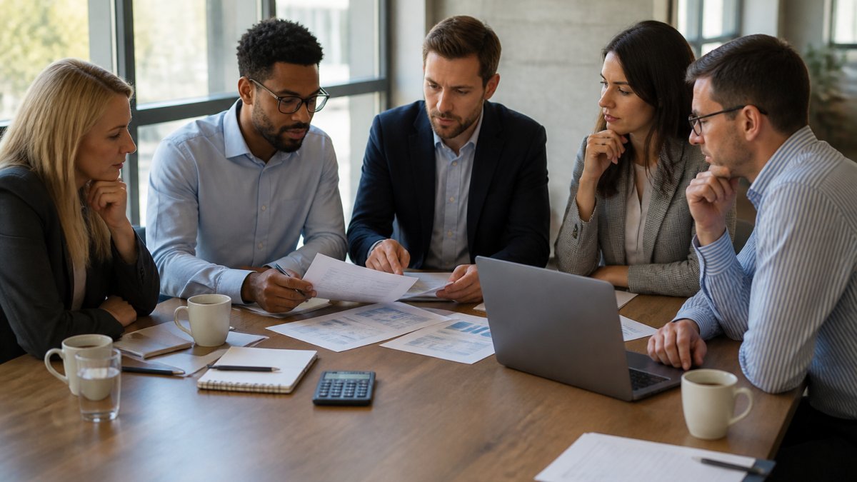 A group of five professionals in a bright meeting room reviewing printed training cost breakdowns and a laptop screen, natural window light, notebooks and coffee cups on the table
