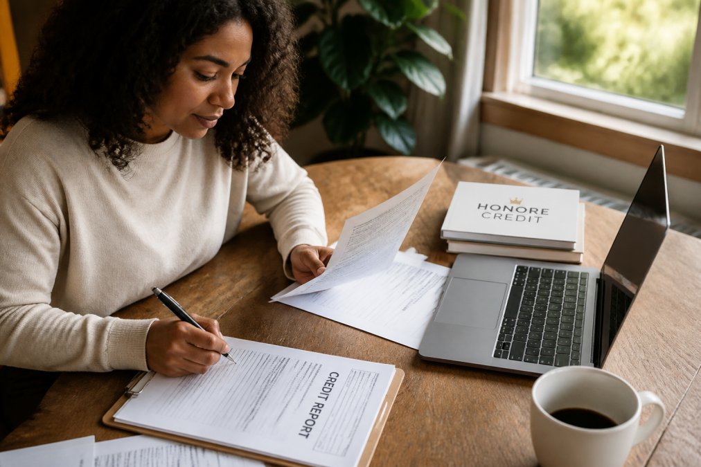 Person at home office desk reviewing credit report documents and taking detailed notes, laptop and coffee cup nearby on wooden desk with natural window lighting