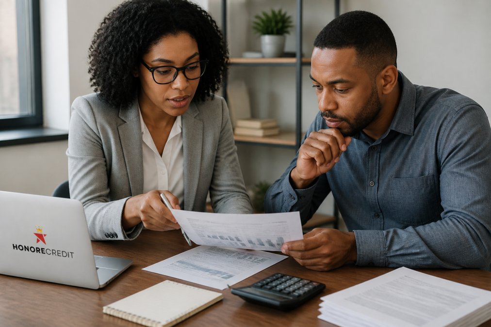 Professional financial advisor in modern office meeting with client, reviewing credit report documents together at wooden desk with laptop and graphs visible