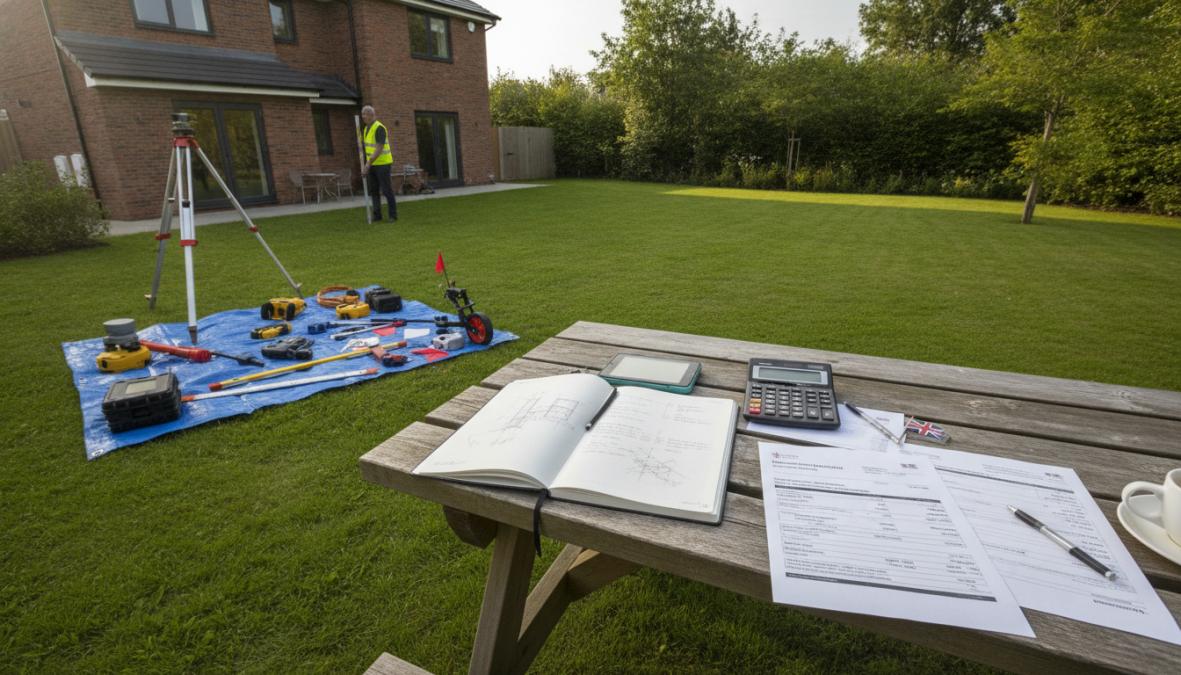 Professional civil engineer conducting a site assessment, examining ground conditions with surveying equipment and clipboard on a residential property with visible drainage challenges