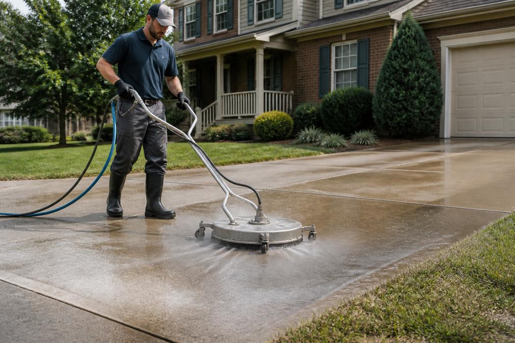 A pressure washing technician in protective gear cleaning a concrete driveway with a surface cleaner attachment, water spray visible, residential home in background