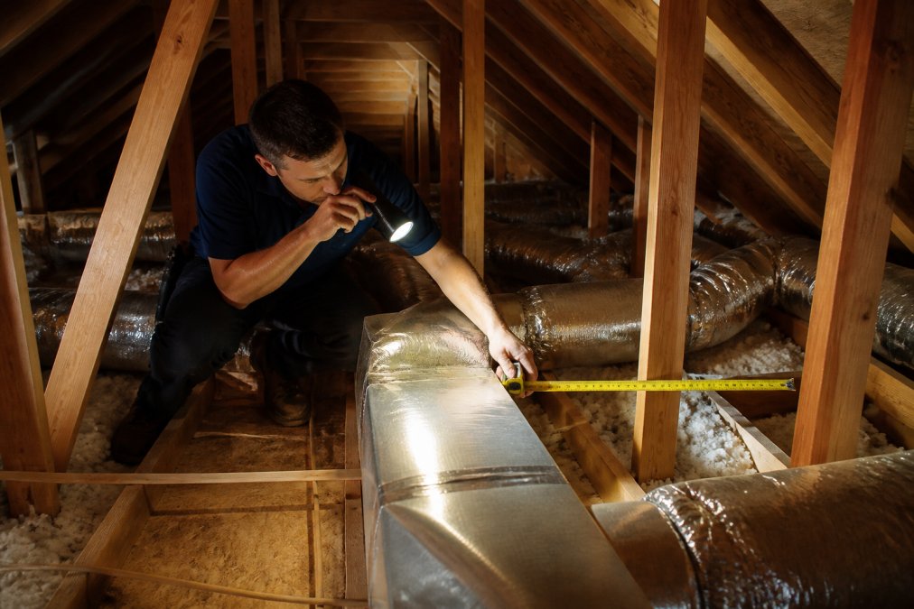 Professional HVAC technician measuring and inspecting ductwork inside an attic space with a flashlight and measuring tape