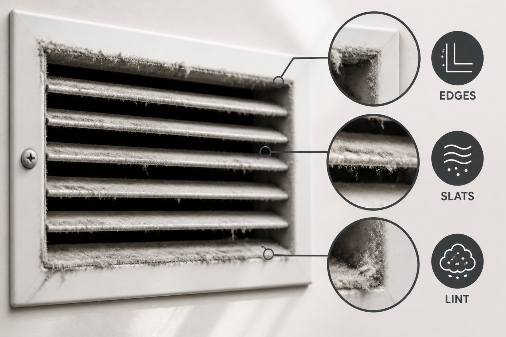 Close-up of white metal vent register showing thick dust and lint accumulation on the slats and edges in natural light