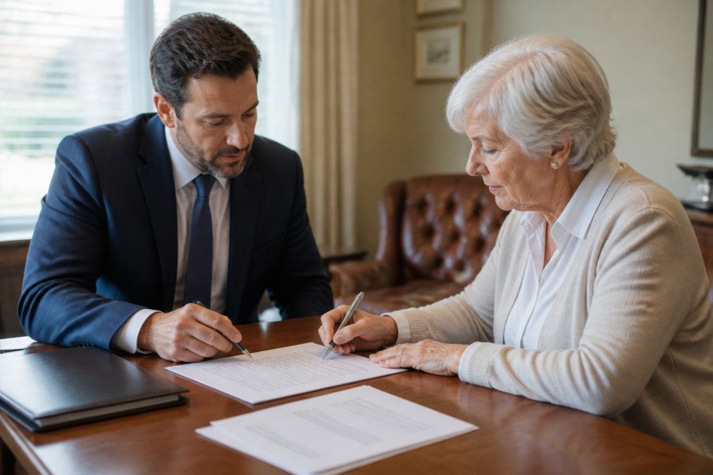Professional advisor and family member reviewing and signing a service agreement at a desk with documents and pen, natural office lighting