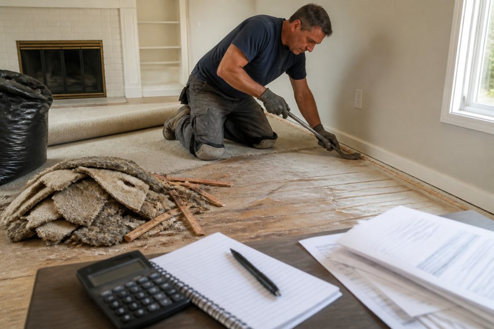 A flooring contractor in work clothes and knee pads pulling up old carpet and tack strips in a residential living room, with a pry bar and debris pile nearby
