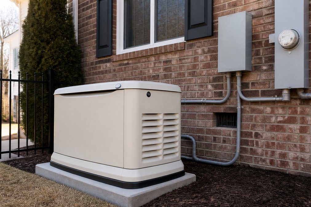 A freshly installed whole-house standby generator in a cream-colored housing mounted on a smooth concrete pad beside a brick residential home, with gray conduit running along the exterior wall and a gray transfer switch box mounted near the main electrical panel, photographed in clear morning light