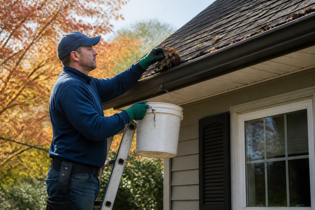 A professional gutter cleaning technician on a ladder at a two-story home, scooping wet leaf debris from a clogged gutter into a bucket, surrounded by autumn foliage in bright afternoon light