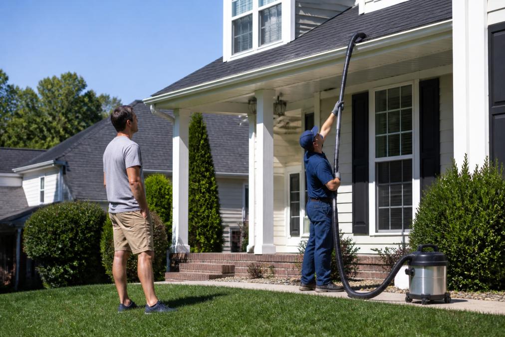 A homeowner in casual clothes standing on a lawn watching a uniformed professional technician clean gutters overhead using extended professional vacuum equipment, bright midday light on a suburban home