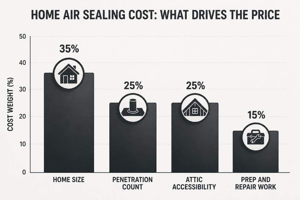 Bar chart showing relative cost weight of four air sealing factors: home size 35%, penetration count 25%, attic accessibility 25%, prep and repair work 15%