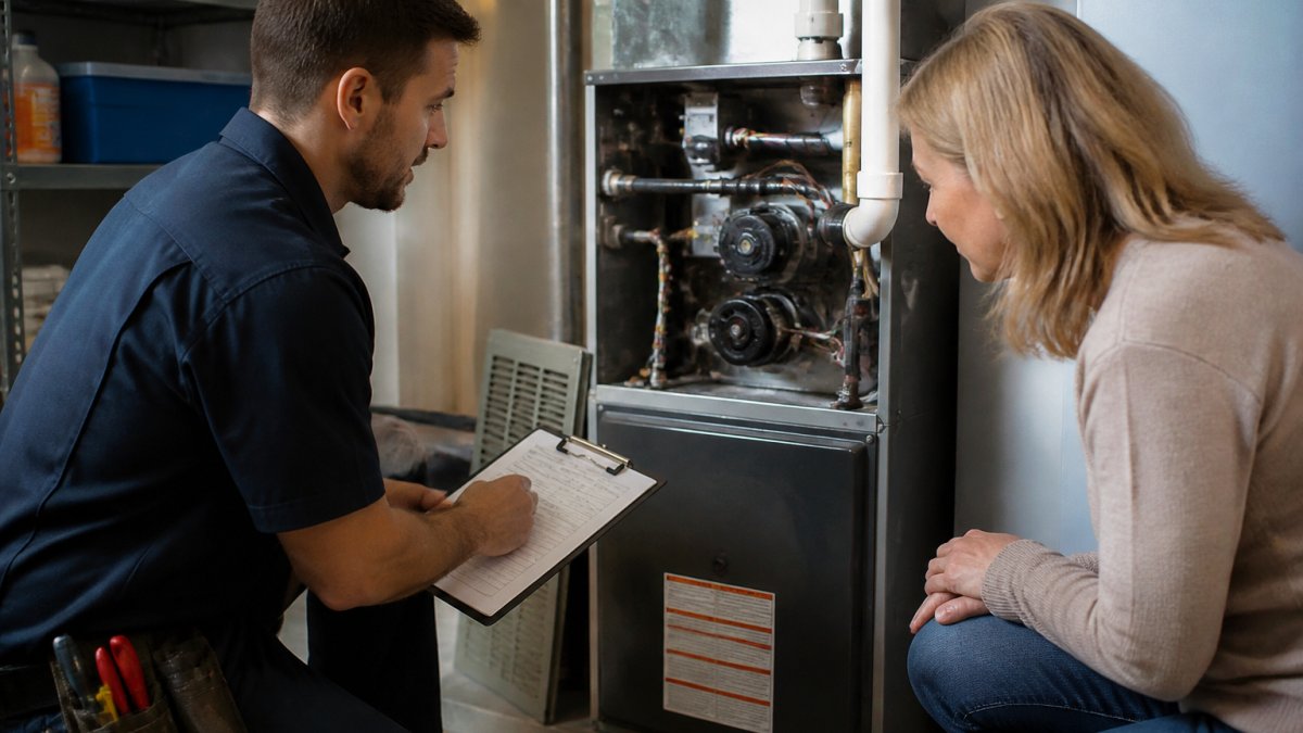 Licensed technician inspecting an HVAC unit during a home maintenance visit