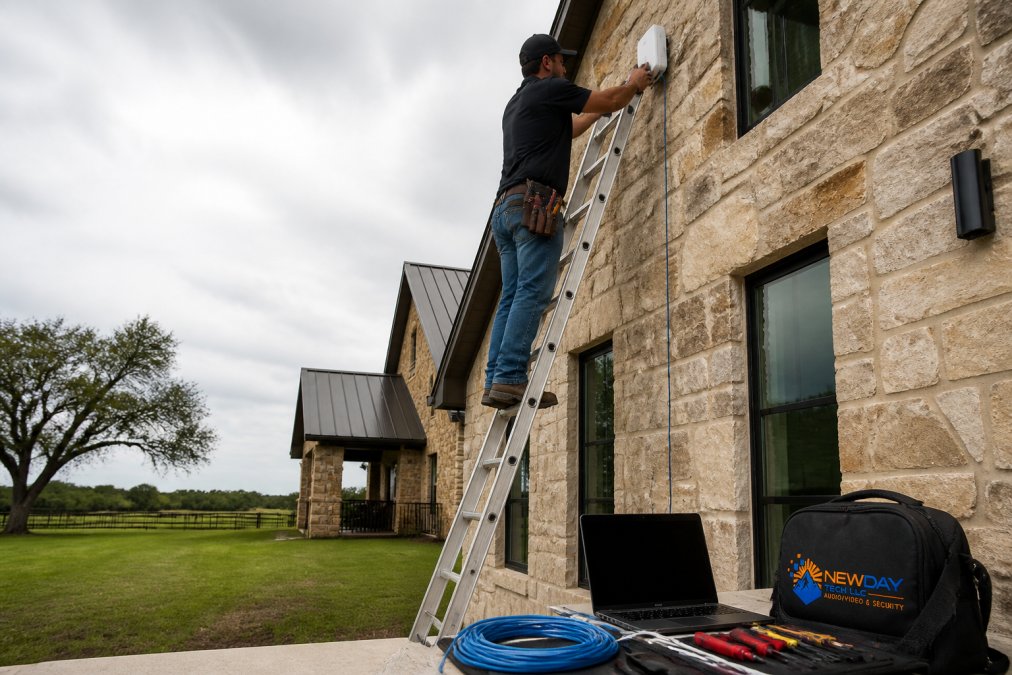 Technician installing a wireless access point for home technology integration on a rural house exterior wall