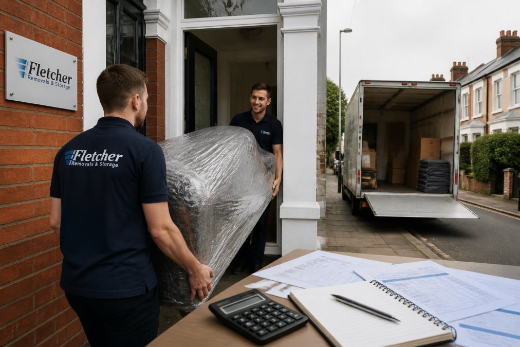 A uniformed removal team carrying a wrapped sofa through the front door of a terraced house, with a removal van parked on the street behind them