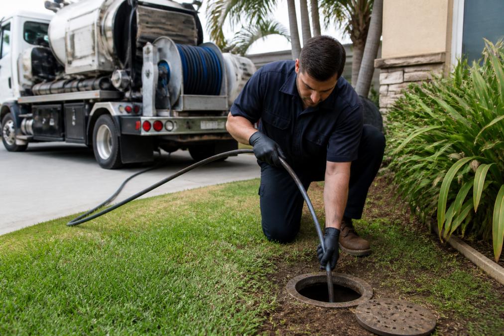A licensed plumber in a dark uniform kneeling at a residential cleanout pipe, feeding a high-pressure hydro jetting hose into the opening while the jetting truck idles in the driveway behind him