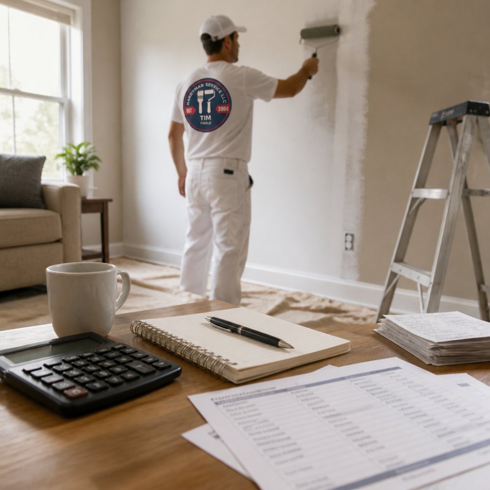 A professional painter in clean work clothes applying fresh paint to an interior wall with a roller, drop cloths on the floor, and a ladder nearby in a bright living room