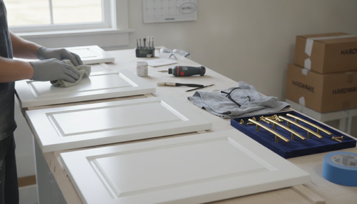 Professional painter sanding cabinet door with detail orbital sander and dust collection system in kitchen workspace, wearing safety mask and protective glasses
