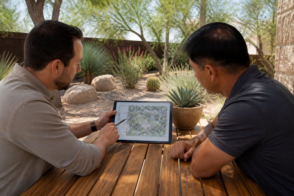 Designer and homeowner reviewing landscape design cost factors on a tablet in a drought-tolerant garden.