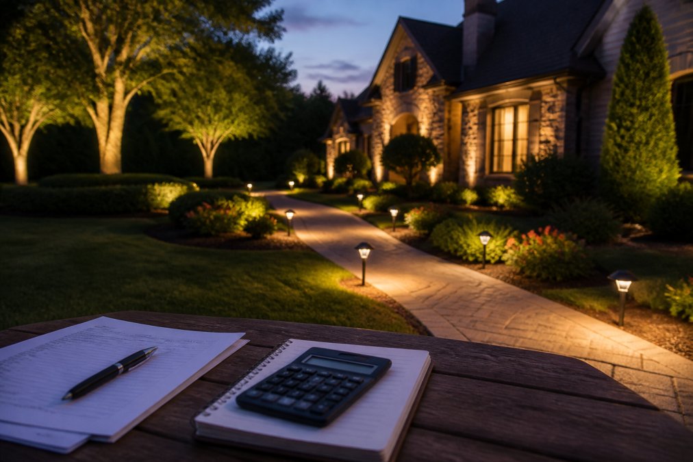 A residential home at dusk with professionally installed landscape lighting illuminating a winding pathway lined with shrubs, uplighting on mature trees, and accent lighting on architectural features, showing a variety of fixture types and placements in a cohesive design