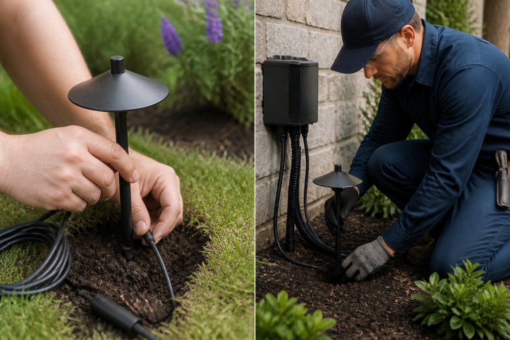 A professional technician in work gear and safety glasses installing a low-voltage landscape lighting fixture into soil, with a transformer, conduit, and wire visible in the background, demonstrating proper installation technique