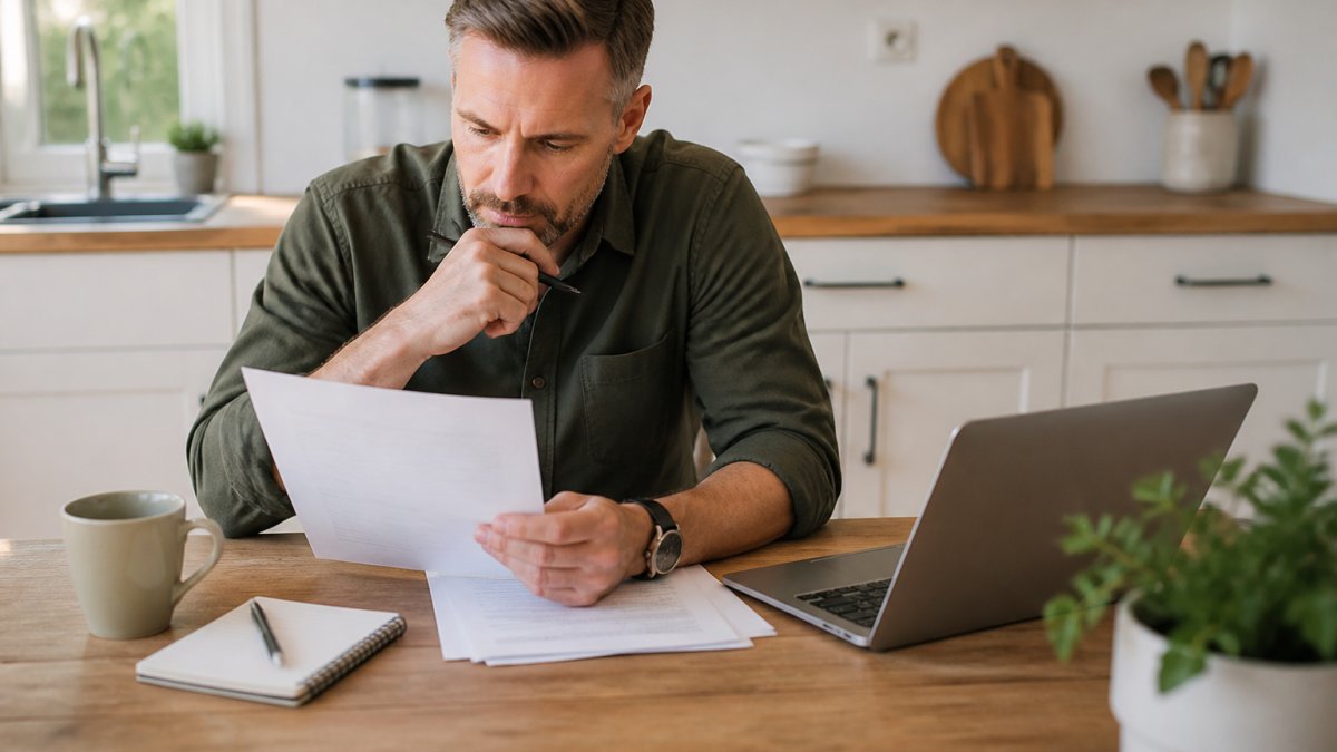 Homeowner comparing the cost of professional lawn care services using a printed quote and laptop data.