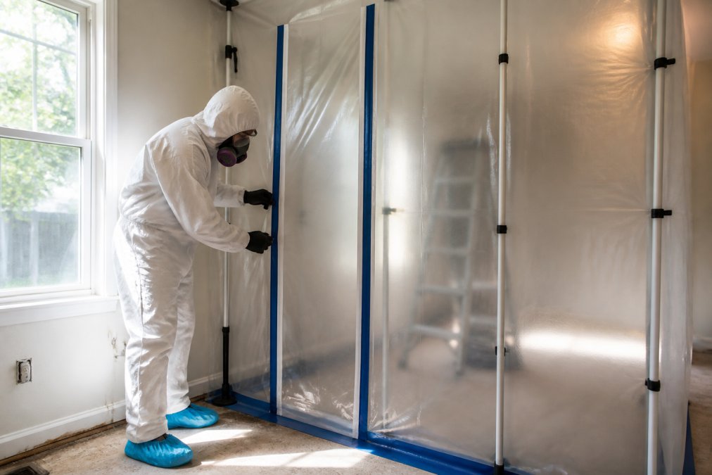 A certified mold remediation technician in full personal protective equipment including a respirator and white protective suit, setting up plastic containment barriers with zipper doors inside a residential home, natural light from a window