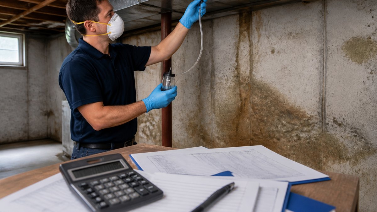 Mold inspector collecting air samples from basement ducts to determine the cost of professional mold testing services.
