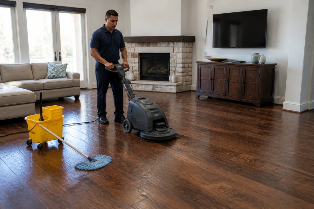 Technician using a professional floor scrubber to maintain the value and cost of professional old hardwood floor cleaning