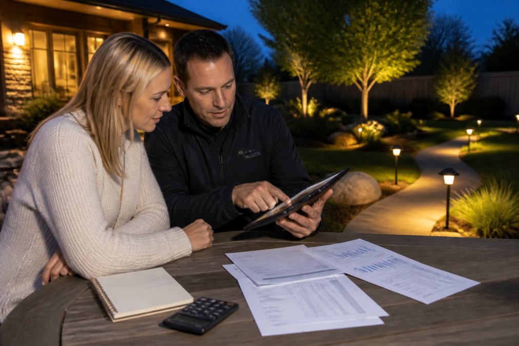A lighting designer and homeowner reviewing a landscape lighting plan on a tablet in a residential backyard at dusk, with a few installed path lights glowing in the background