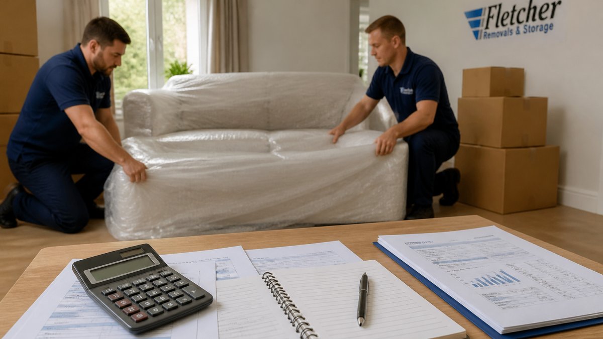Two uniformed removal professionals carefully wrapping a large sofa in protective covering inside a bright living room, with cardboard boxes stacked nearby