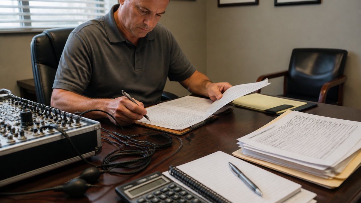 Polygraph examiner reviewing documents in a private office while providing professional polygraph services