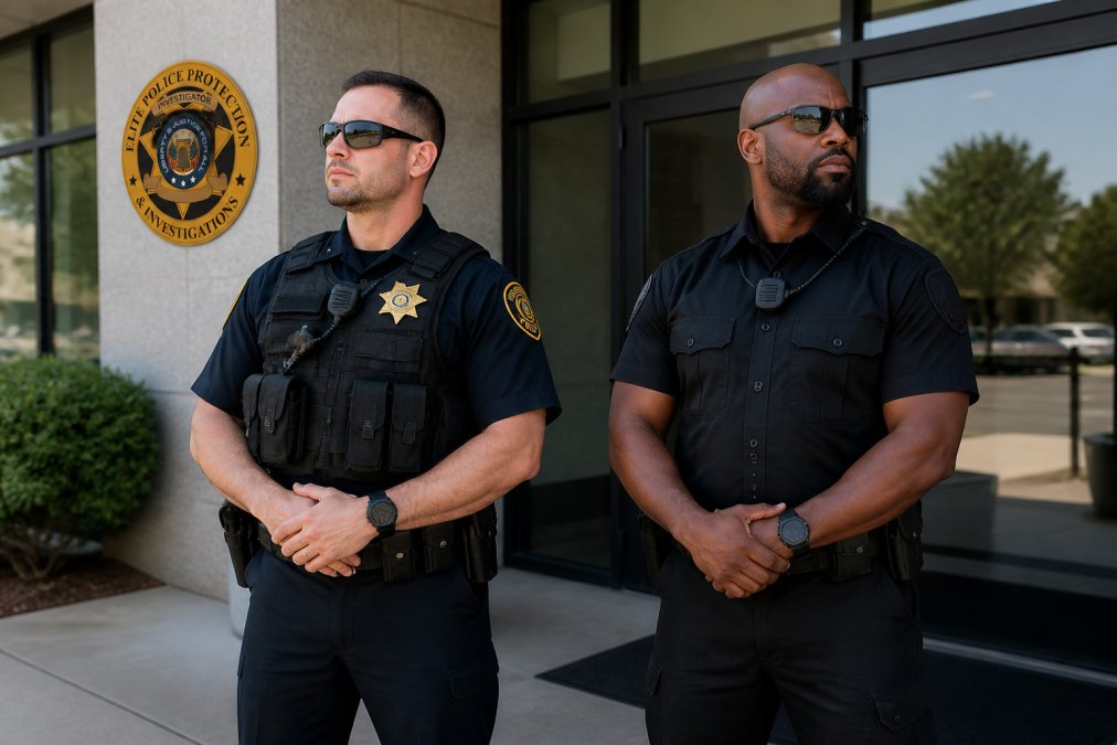 Two uniformed security professionals in professional attire standing alert at a commercial building entrance, demonstrating visible security presence and professional demeanor