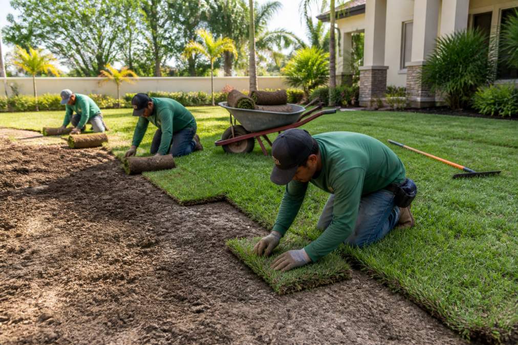 A landscaping crew laying fresh sod rolls on prepared soil in a residential yard, with a wheelbarrow and tools nearby under bright sunlight