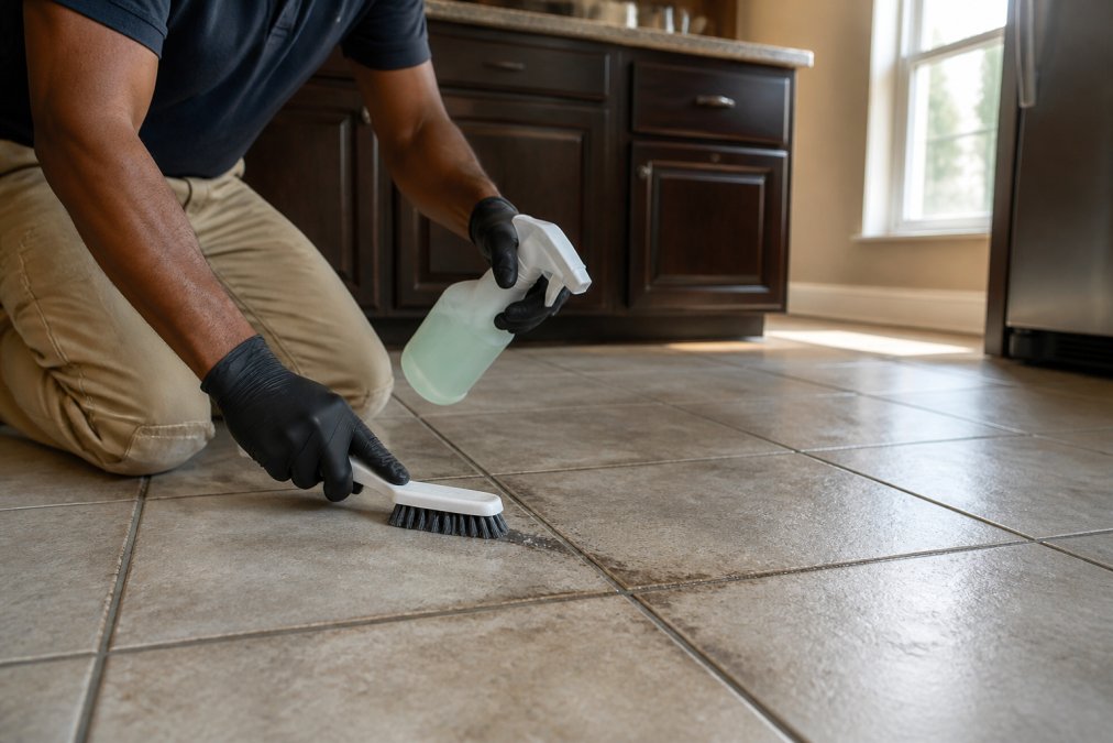 A close-up of a professional cleaner using a specialized brush and eco-friendly solution on dark, stained grout lines in a tiled kitchen floor, natural window light across the tile