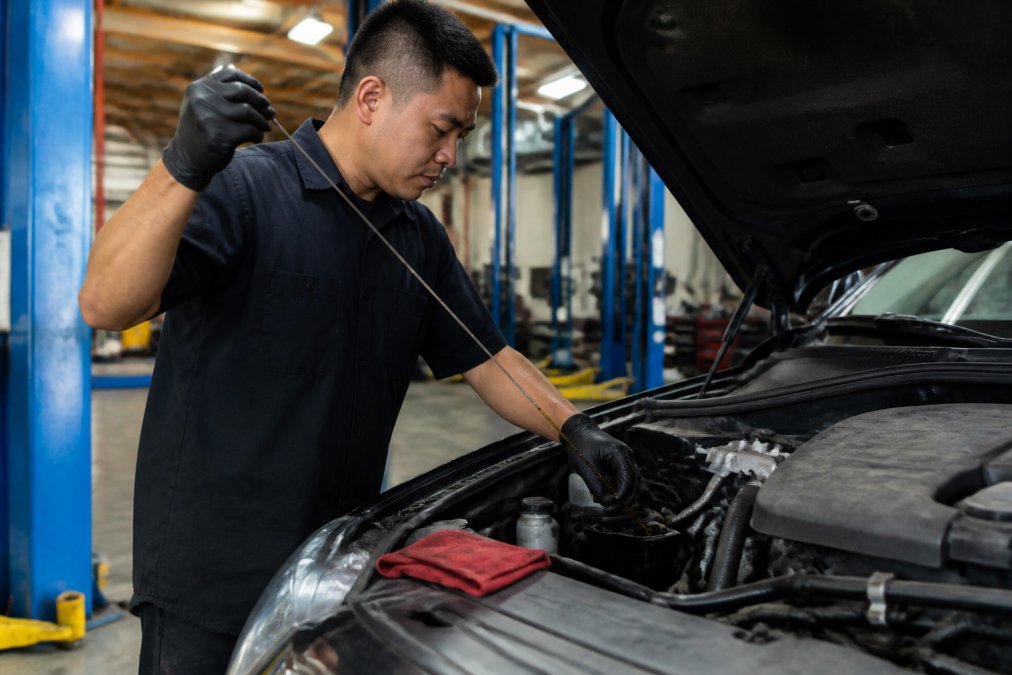 Certified technician checking fluid levels during a professional transmission fluid service on a sedan.