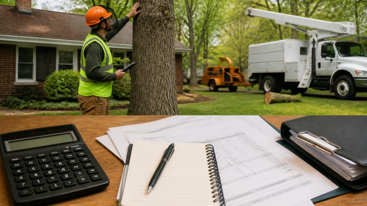 A certified arborist in safety gear inspecting a large tree near a house, with a bucket truck parked nearby and a chipper in the background