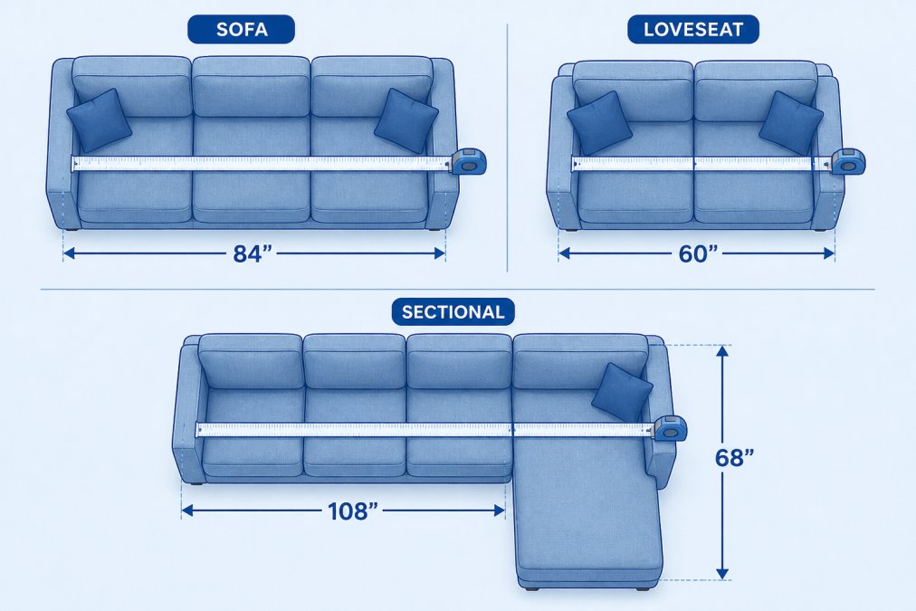 Top-down illustration showing a tape measure across the seating area of a standard sofa, loveseat, and sectional, with clear dimension labels for each
