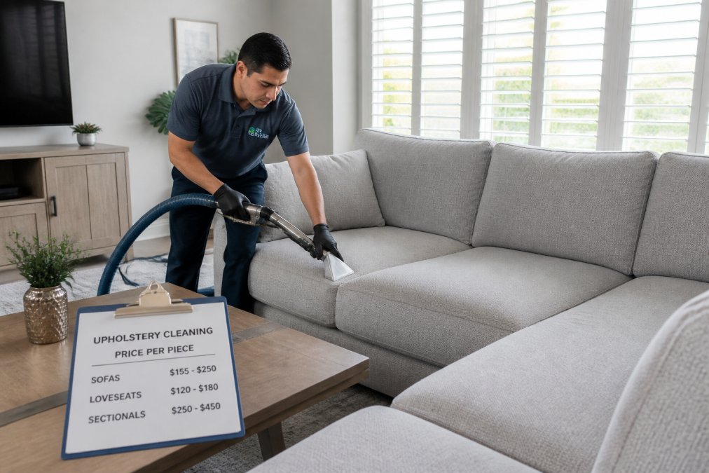Infographic showing the cost of professional upholstery cleaning 2026 for sofas, loveseats, and sectionals