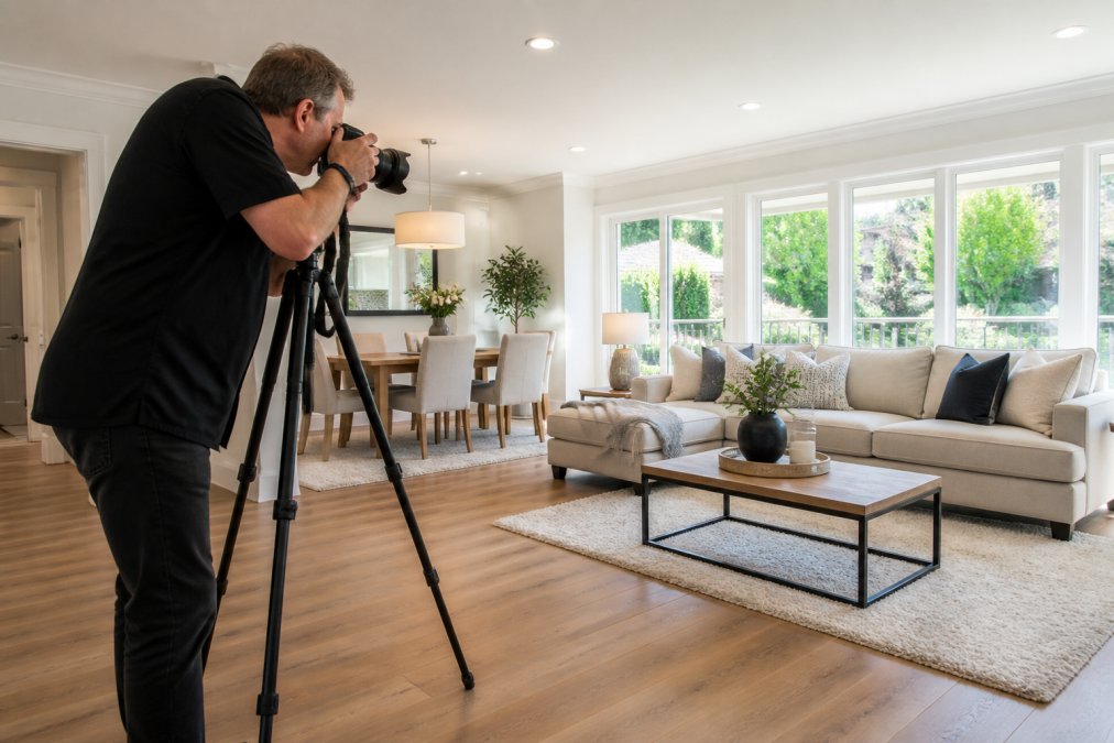 A bright, professionally lit living room with clean staging, wide-angle composition showing natural light streaming through large windows, plump cushions on a neutral sofa, and a polished wooden floor visible in the foreground
