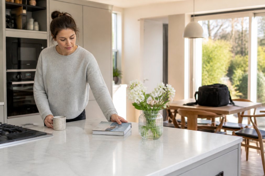 A homeowner in a bright modern kitchen removing clutter from the counter, arranging a small bunch of white flowers in a vase, with a camera bag visible on the dining table in the background and afternoon light coming through a window